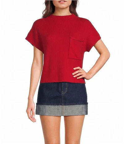 Blu Pepper Knit Mock Neck Front Pocket Cap Sleeve Sweater