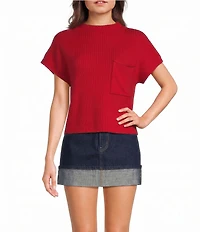 Blu Pepper Knit Mock Neck Front Pocket Cap Sleeve Sweater