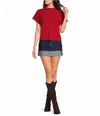 Blu Pepper Knit Mock Neck Front Pocket Cap Sleeve Sweater