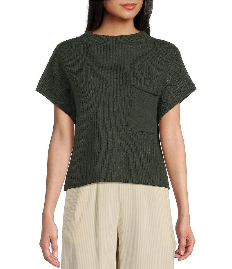 Blu Pepper Knit Mock Neck Front Pocket Short Sleeve Sweater