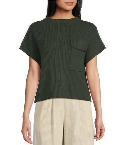 Blu Pepper Knit Mock Neck Front Pocket Short Sleeve Sweater
