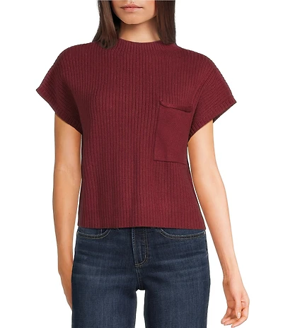 Blu Pepper Knit Mock Neck Front Pocket Short Sleeve Sweater