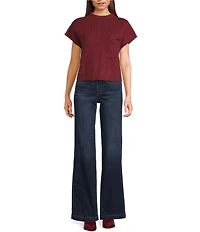 Blu Pepper Knit Mock Neck Front Pocket Short Sleeve Sweater