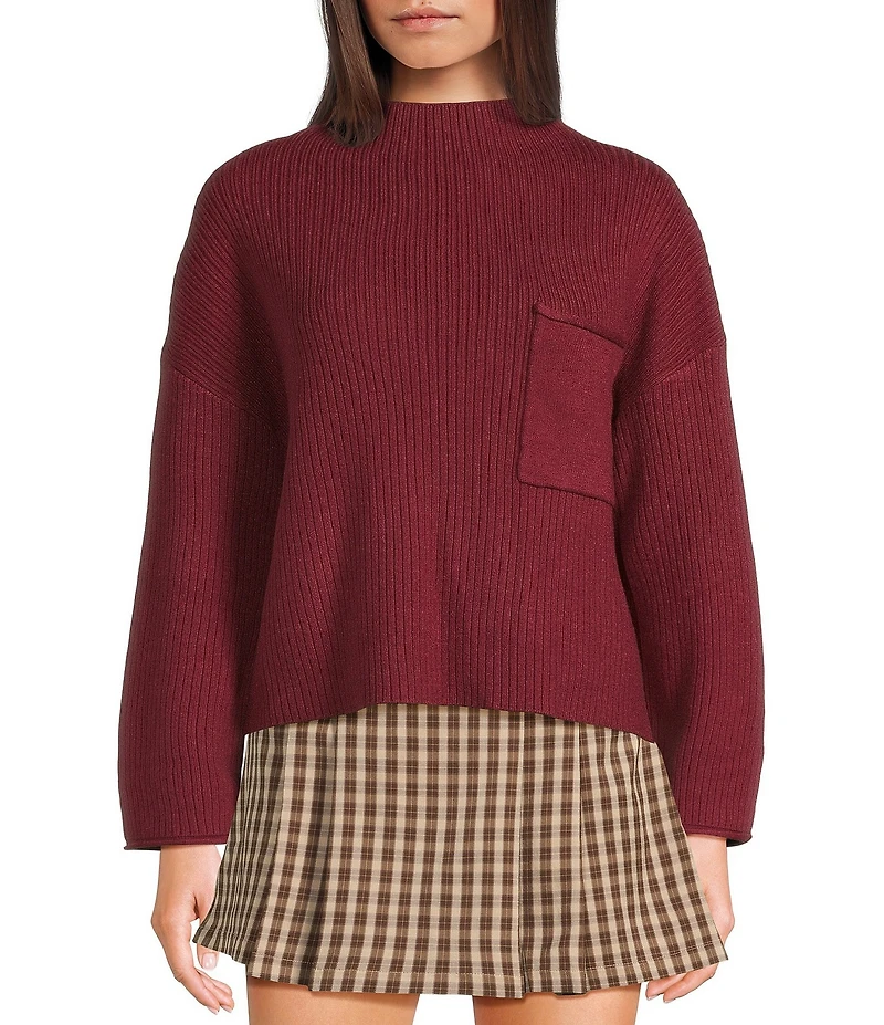 Blu Pepper Knit Mock Neck Pocket Front Long Sleeve Sweater