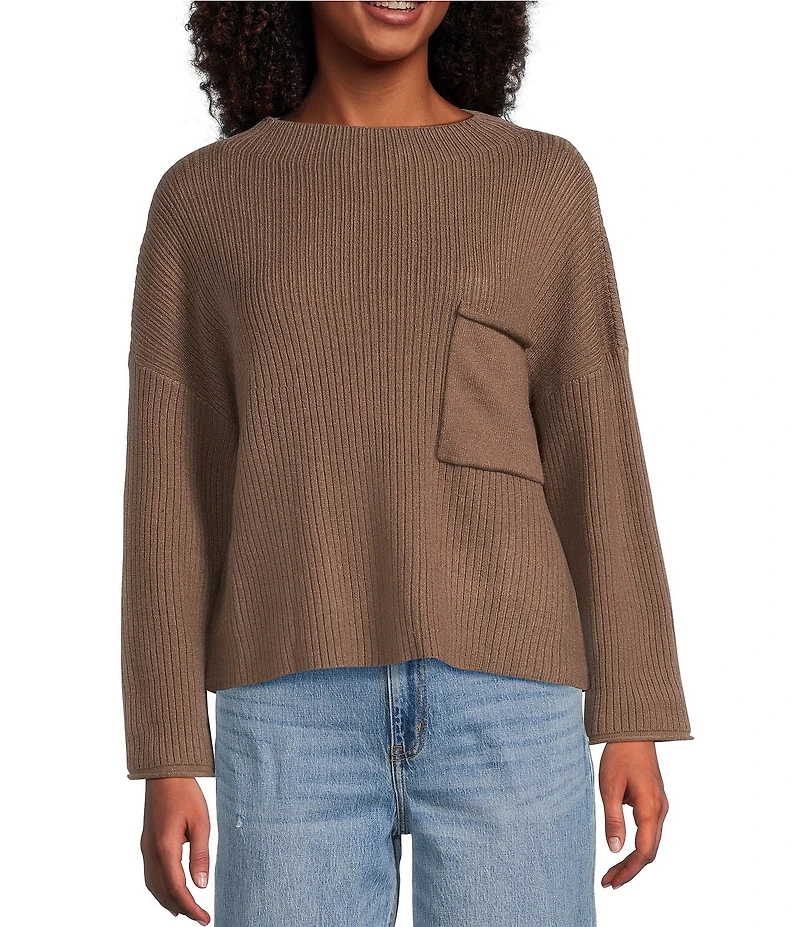 Blu Pepper Knit Mock Neck Pocket Front Long Sleeve Sweater