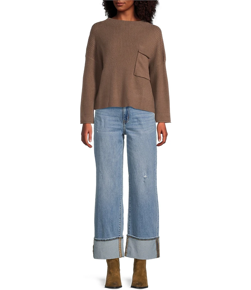 Blu Pepper Knit Mock Neck Pocket Front Long Sleeve Sweater