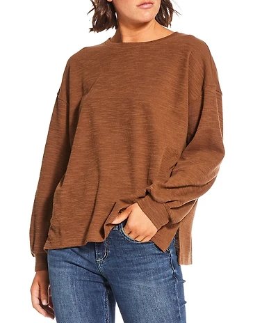 Blu Pepper Knit Round Neck Drop Shoulder Raw Hem Long Sleeve Top