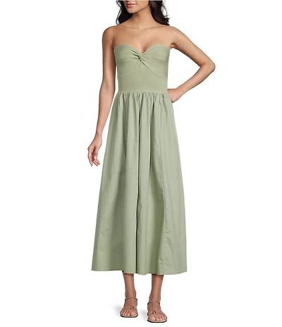 Blu Pepper Knit to Woven Strapless Twist Front Midi Dress