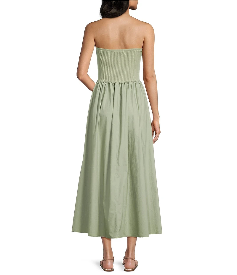 Blu Pepper Knit to Woven Strapless Twist Front Midi Dress