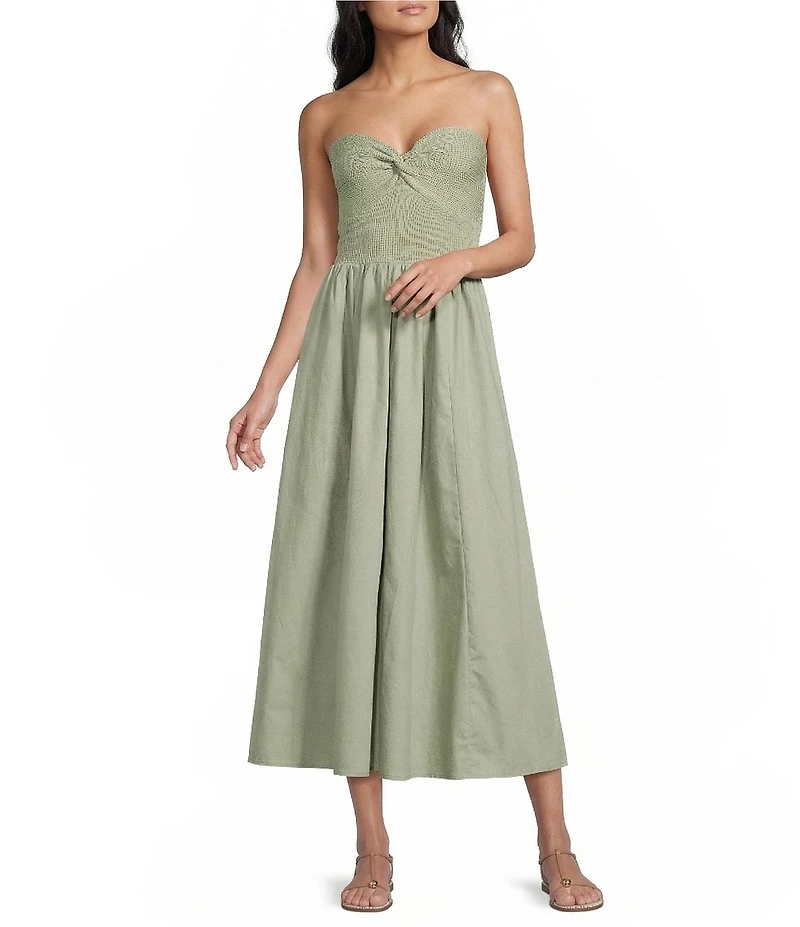 Blu Pepper Knit to Woven Strapless Twist Front Midi Dress