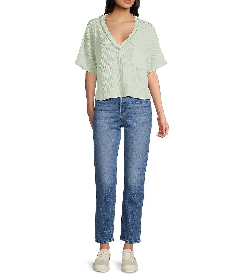 Blu Pepper Knit V-Neck Pocket Short Sleeve T-Shirt