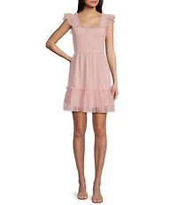 Blu Pepper Lace Smocked Square Neck Sleeveless Tiered Mini Dress