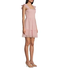 Blu Pepper Lace Smocked Square Neck Sleeveless Tiered Mini Dress
