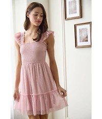 Blu Pepper Lace Smocked Square Neck Sleeveless Tiered Mini Dress
