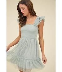 Blu Pepper Lace Smocked Square Neck Sleeveless Tiered Mini Dress