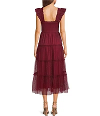 Blu Pepper Lace Polka Dot Square Neck Sleeveless Tiered Midi Dress