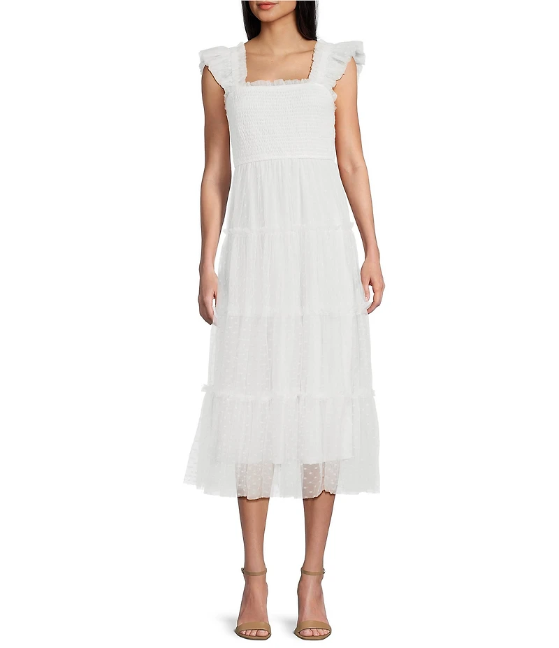 Blu Pepper Lace Square Neck Sleeveless Tiered Midi Dress