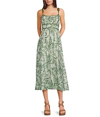 Blu Pepper Leaf Printed Square Neck Tie Shoulder Sleeveless Smocked Midi Dress
