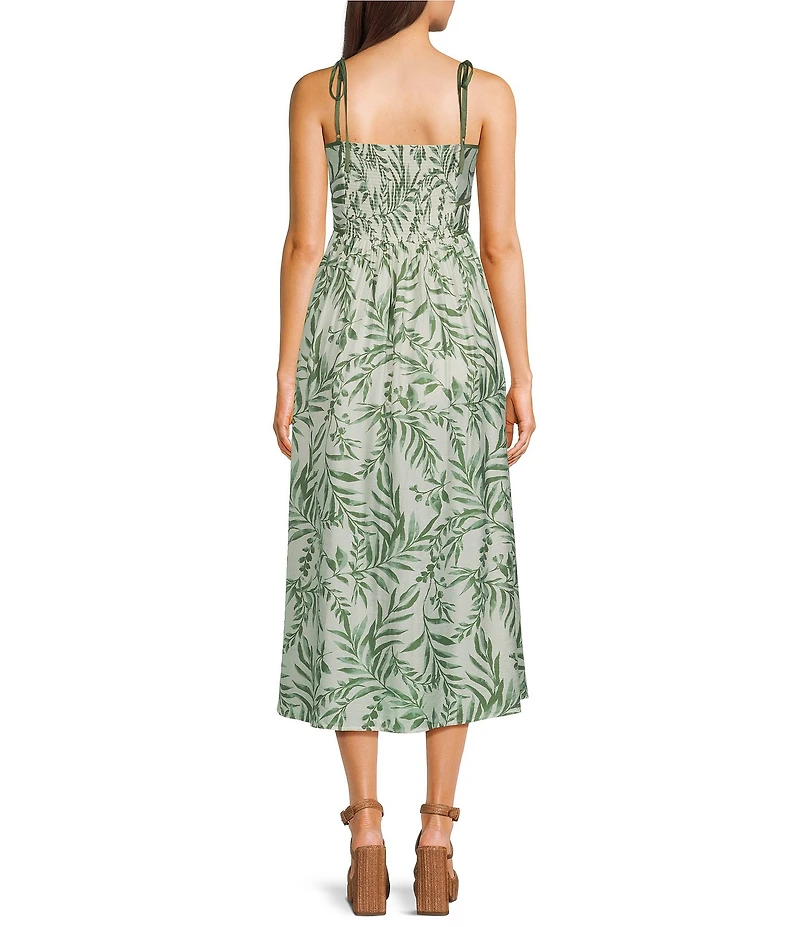 Blu Pepper Leaf Printed Square Neck Tie Shoulder Sleeveless Smocked Midi Dress