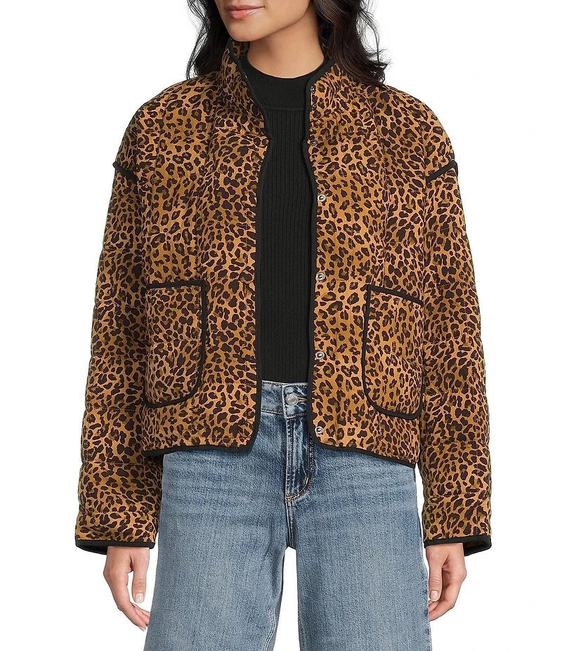 Blu Pepper Leopard Print Quilted Mock Neck Jacket