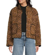 Blu Pepper Leopard Print Quilted Mock Neck Jacket