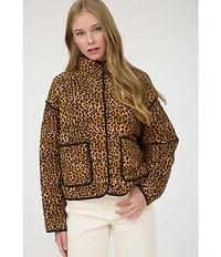Blu Pepper Leopard Print Quilted Mock Neck Jacket