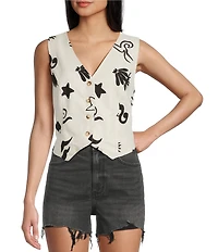 Blu Pepper Linen Blend Doodle Print Vest Top