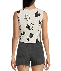 Blu Pepper Linen Blend Doodle Print Vest Top