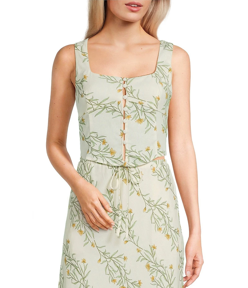 Blu Pepper Linen Blend Floral Print Coordinating Cropped Top