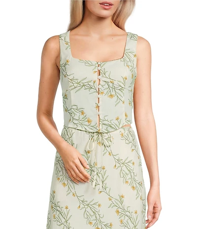 Blu Pepper Linen Blend Floral Print Coordinating Cropped Top