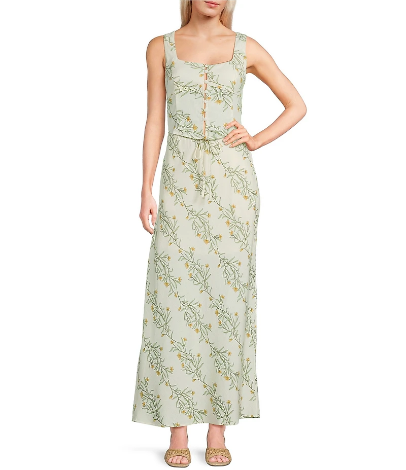 Blu Pepper Linen Blend Floral Print Coordinating Maxi Skirt