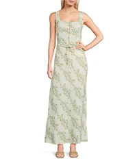 Blu Pepper Linen Blend Floral Print Coordinating Maxi Skirt