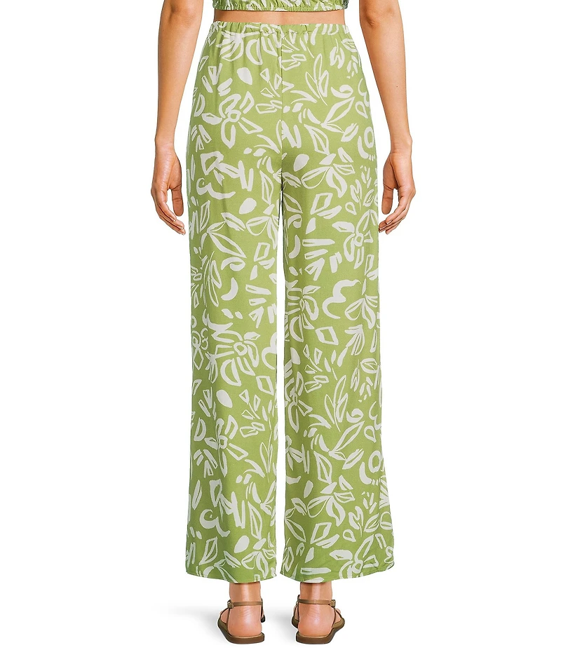 Blu Pepper Coordinating Linen Blend Floral Print High Waisted Wide Leg Pull-On Pants