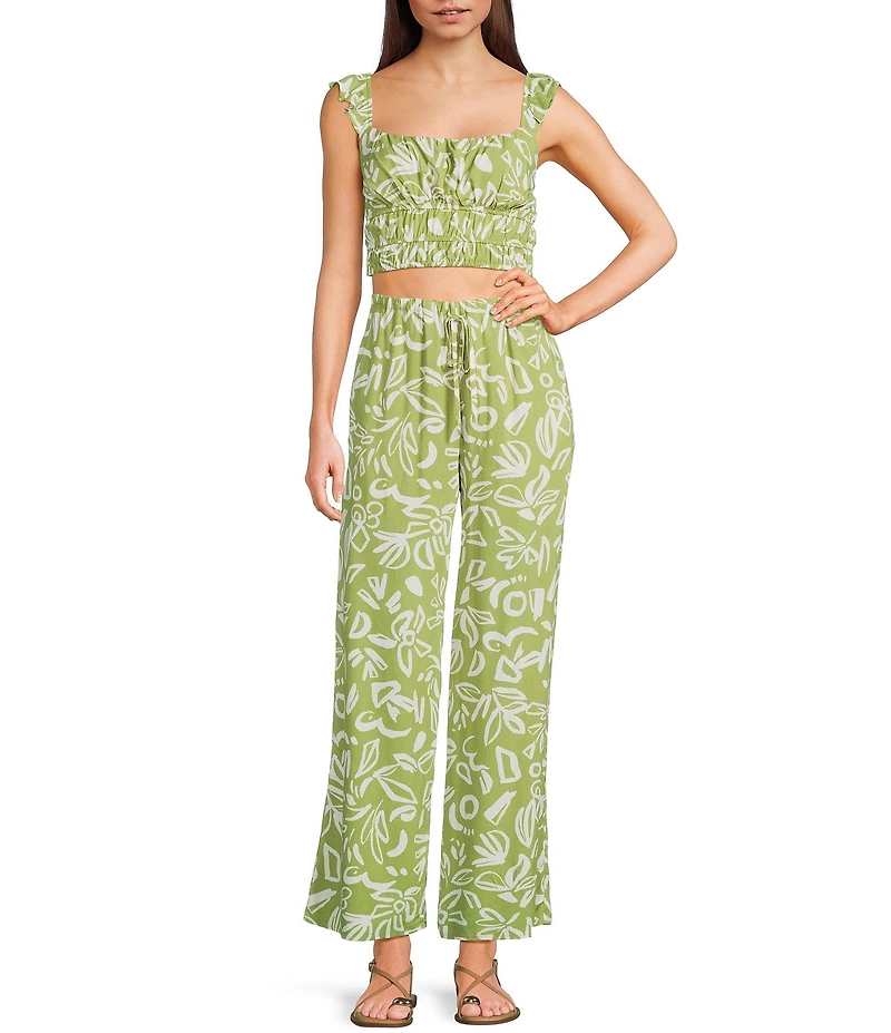 Blu Pepper Coordinating Linen Blend Floral Print High Waisted Wide Leg Pull-On Pants