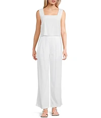 Blu Pepper Linen Blend Square Neck Cropped Coordinating Tank Top