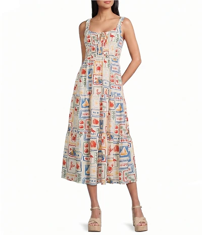 Blu Pepper Marine Motif Front Tie Smocked Waist Midi Dress