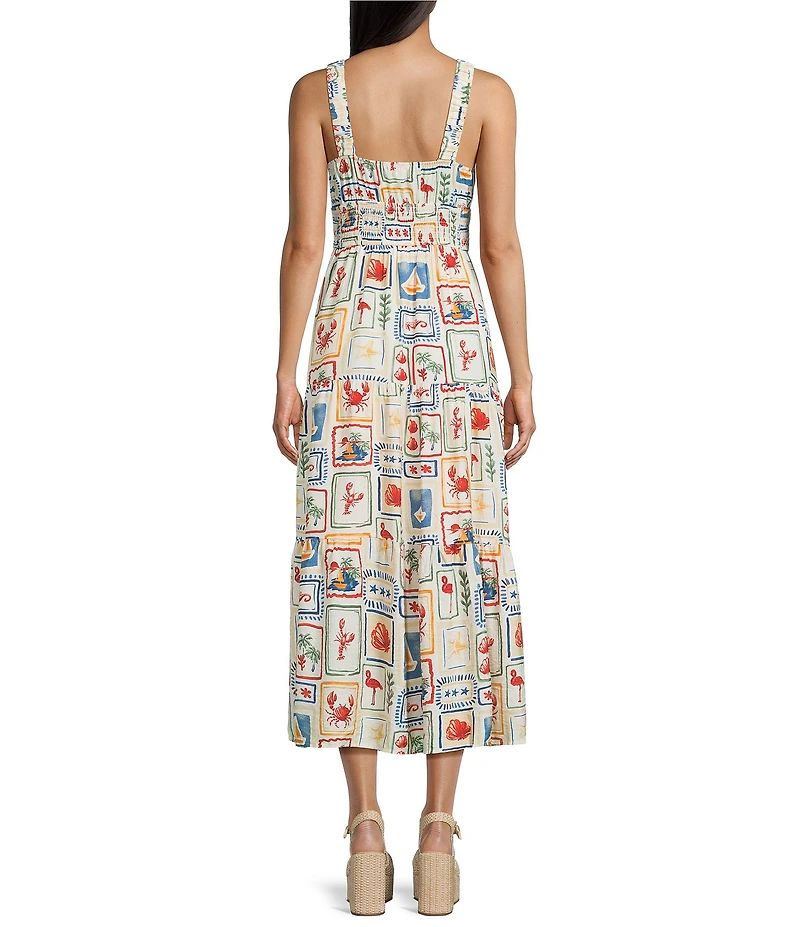 Blu Pepper Marine Motif Front Tie Smocked Waist Midi Dress