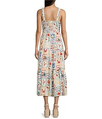 Blu Pepper Marine Motif Front Tie Smocked Waist Midi Dress