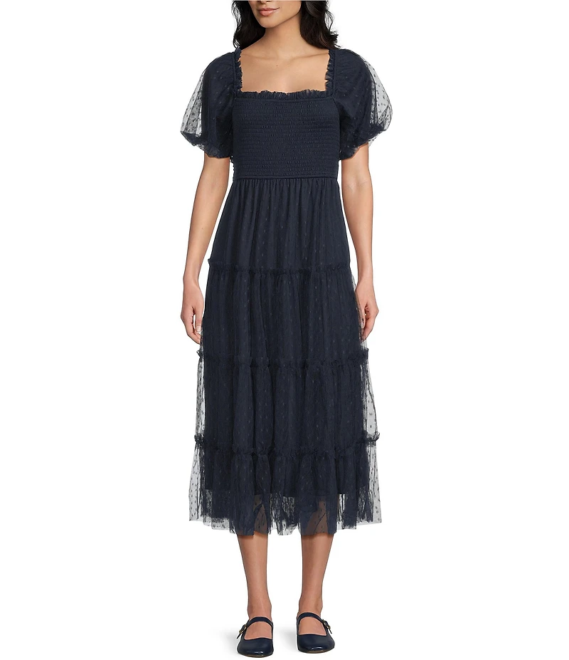 Blu Pepper Mesh Dot Square Neck Short Puff Sleeve Midi Dress