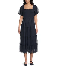 Blu Pepper Mesh Dot Square Neck Short Puff Sleeve Midi Dress