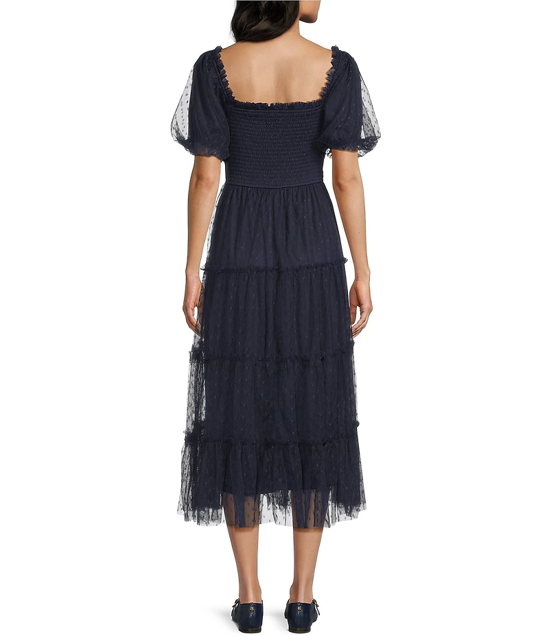 Blu Pepper Mesh Dot Square Neck Short Puff Sleeve Midi Dress