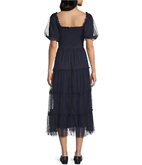 Blu Pepper Mesh Dot Square Neck Short Puff Sleeve Midi Dress