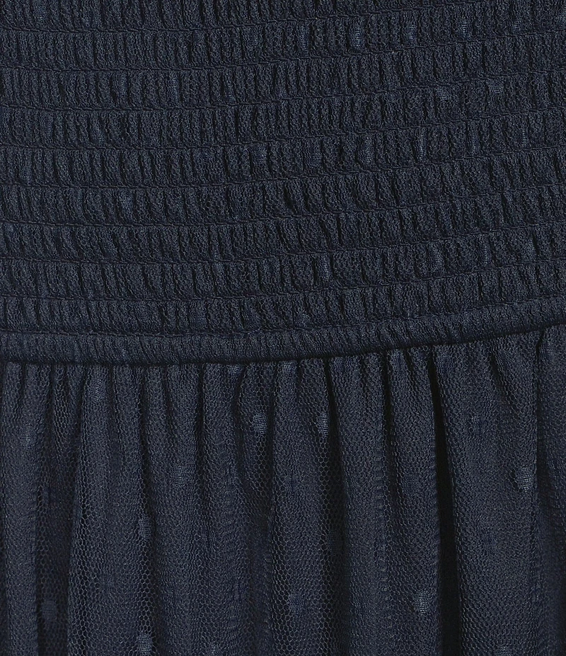 Blu Pepper Mesh Dot Square Neck Short Puff Sleeve Midi Dress