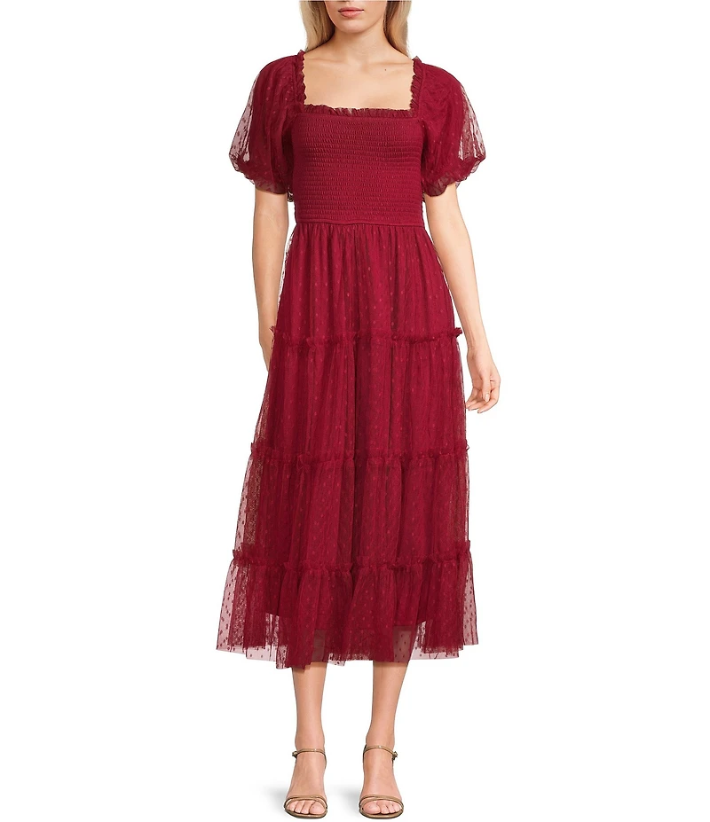 Blu Pepper Mesh Dot Square Neck Short Puff Sleeve Midi Dress