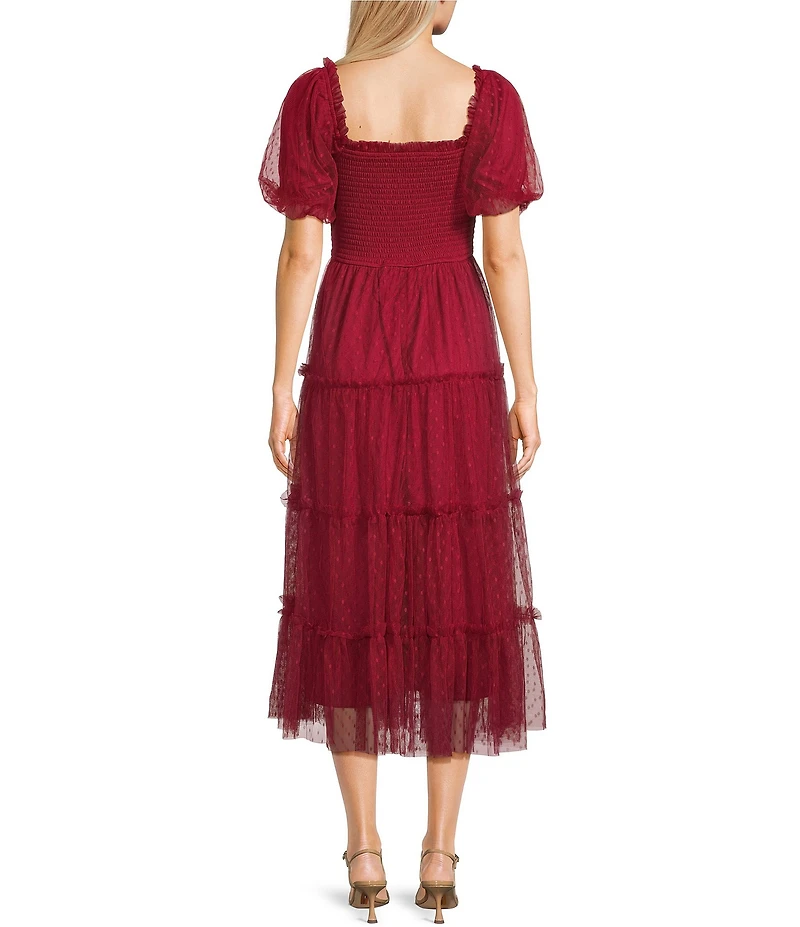 Blu Pepper Mesh Dot Square Neck Short Puff Sleeve Midi Dress