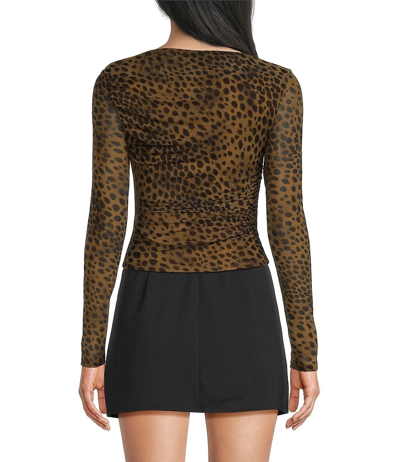 Blu Pepper Mesh Leopard Boat Neck Long Sleeve Top