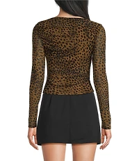 Blu Pepper Mesh Leopard Boat Neck Long Sleeve Top