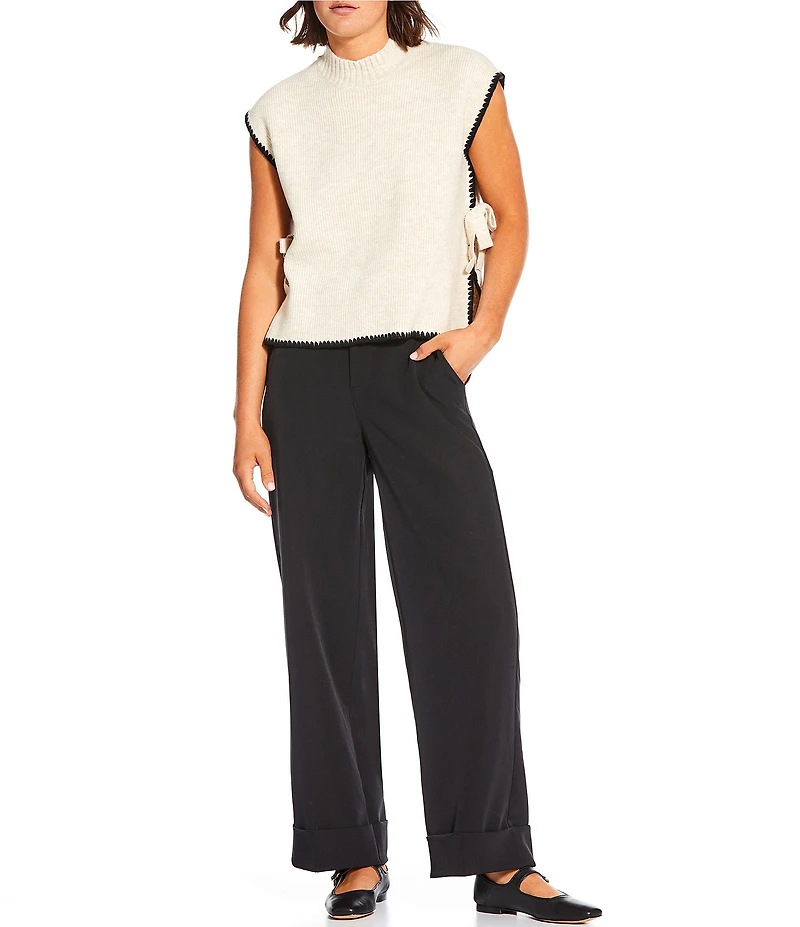 Blu Pepper Mock Neck Contrast Stitch Side Tie Sweater