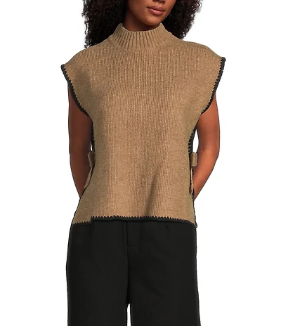 Blu Pepper Mock Neck Contrast Stitch Side Tie Sweater
