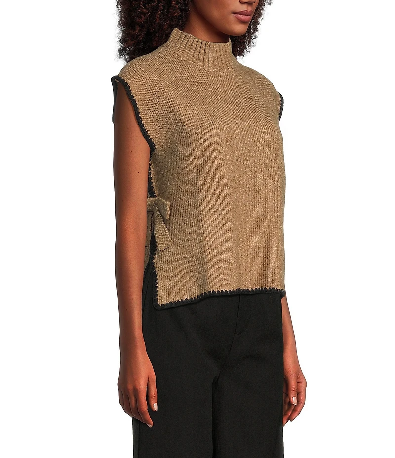 Blu Pepper Mock Neck Contrast Stitch Side Tie Sweater
